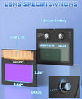 Auto darkening helmet lens specifications with solar cell, lithium battery, sensitivity, delay controls for welding helmet.