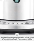 Close-up of Temp Select Hot Water Kettle For Tea And Coffee Lovers showing temperature settings for different teas and coffee.