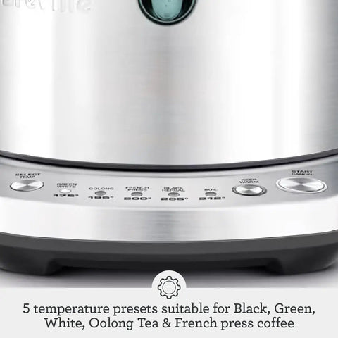 Close-up of Temp Select Hot Water Kettle For Tea And Coffee Lovers showing temperature settings for different teas and coffee.