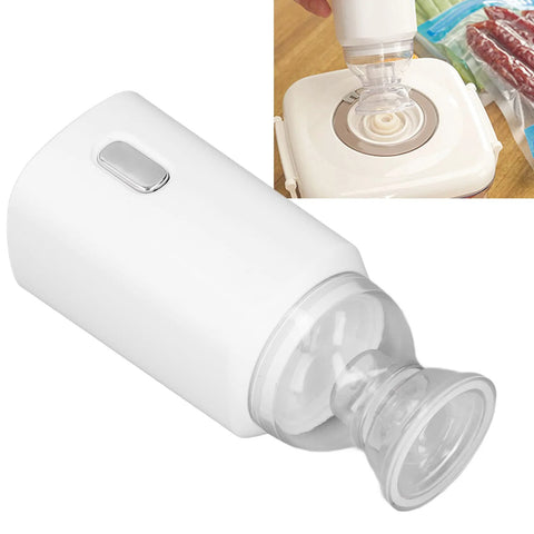 Side view of white cordless electric air pump with on/off switch; transparent nozzle adapter visible.