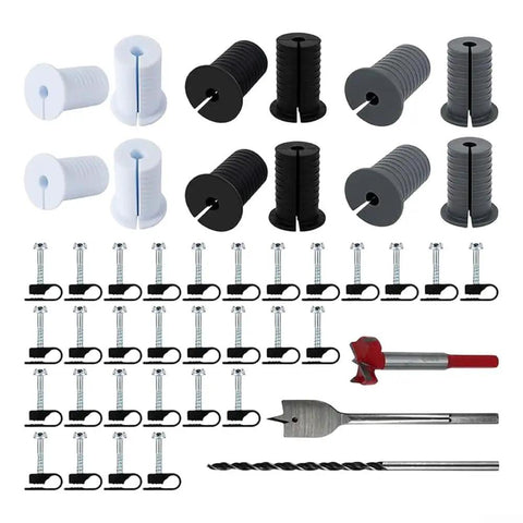 Hosrivae Ultimate Starlink Cable Routing Kit With Six Thick Silicone Grommets, Nifty Drill Bits, And Thirty Secure Wall Clamps For A Super Neat Home Or RV Setup That Looks Awesome, kit parts laid out