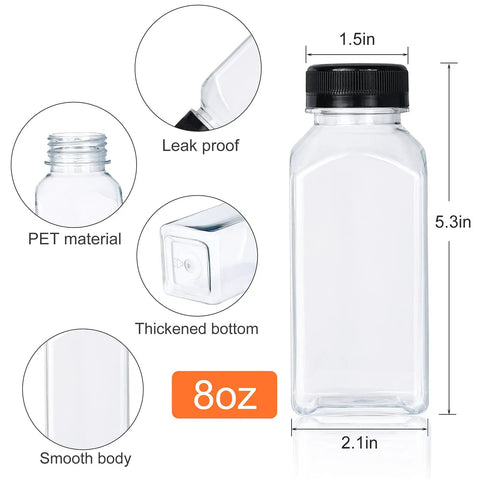 Detailed image of 30 Pack 8oz Clear Plastic Bottles With Leak Proof Caps For Juices Smoothies Milk And Other Drinks Food Grade PET Recyclable.
