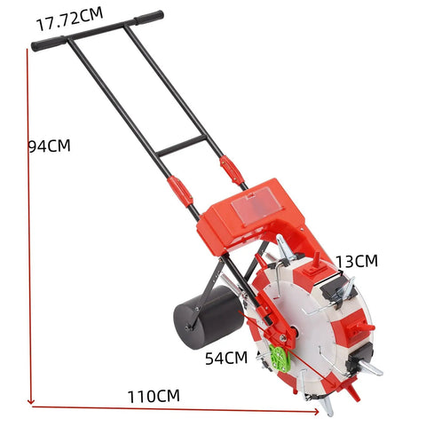 Walk Behind Seed Planter For Row Crops, Manual Seeder Machine For Peanuts, Corn And Beans With Precision Sowing, dimensions shown