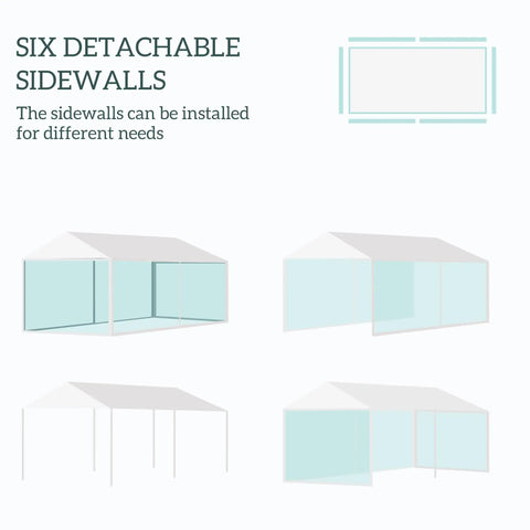 Diagram showing 10x20 Outdoor Party Tent With Removable Sidewalls, White Wedding Canopy And Gazebo for different setups.