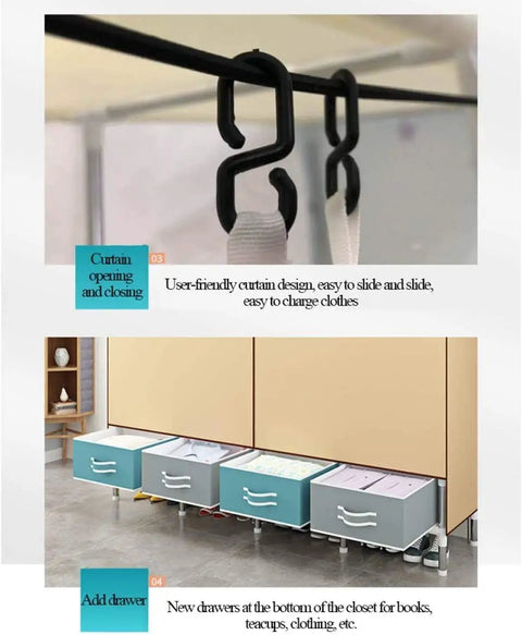 Portable Cloth Closet Wardrobe With Hanging Rod And Shelf, showing user-friendly curtain design and bottom drawers for storage.