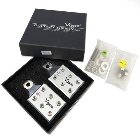 Top Shelf Heavy Duty Battery Terminal Clamps For Lithium Or Agm Lead Acid Batteries Featuring Bolt Down Ends And Threaded Studs in a black box.