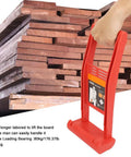 Professional Grade Tough Badass Workhorse Abs Panel Carrier Clamp Board Lift Hoist with Ergonomic Soft Rubber Handle for Zero Sweat drywall and plywood hauling up to 80 kg, shown lifting wooden boards.