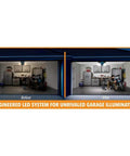 Before and after comparison of garage with Bulletproof Smart Garage Door Opener With Smooth Belt Drive Plus Reliable Battery Backup lighting.