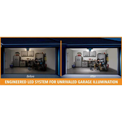 Before and after comparison of garage with Bulletproof Smart Garage Door Opener With Smooth Belt Drive Plus Reliable Battery Backup lighting.