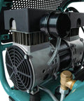 Close-up view of the motor assembly of the Built Tough One Point Five Horsepower Three Gallon Oil Free Electric Air Compressor.