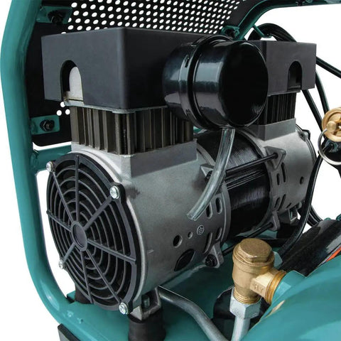 Close-up view of the motor assembly of the Built Tough One Point Five Horsepower Three Gallon Oil Free Electric Air Compressor.
