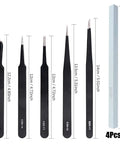 Must-Have 87-Piece Model Tool Kit For Gunpla And Hobby Building showing 4 precision tweezers and a polishing stick with measurements.