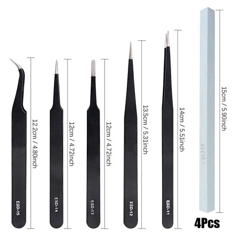 Must-Have 87-Piece Model Tool Kit For Gunpla And Hobby Building showing 4 precision tweezers and a polishing stick with measurements.