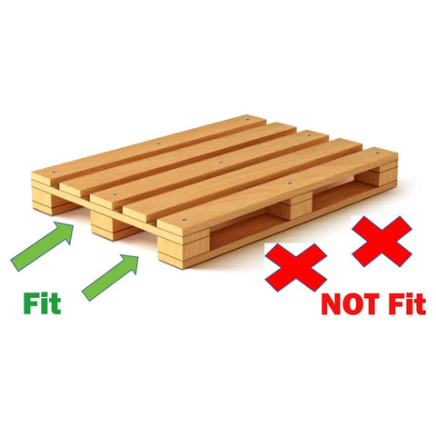 Self Loading Electric Pallet Stacker With 2116 Lbs Capacity And 51 Inch Lift Height showing a wooden pallet with fit and not fit indicators.