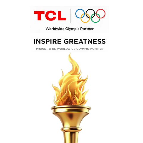 TCL logo with Olympic rings and torch promoting partnership with text 'Inspire Greatness' and 'Worldwide Olympic Partner'
