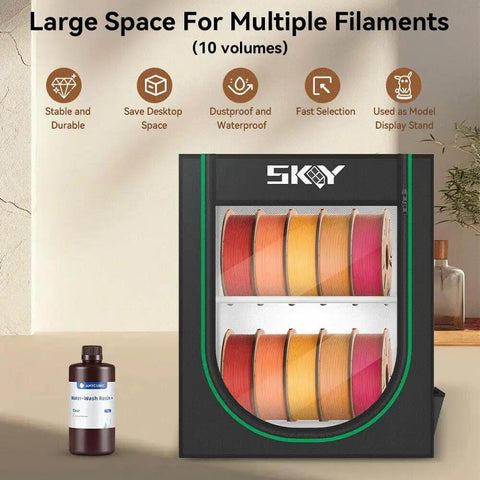 Ultimate 3D Printer Filament Storage Box With 2 Tier Shelves for storing multiple filament spools in studio or workshop.