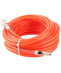 Heavy Duty Air Compressor Hose 20M With One Quarter Inch NPT Connector For Pneumatic Tools Auto Repair Shops Plus Home Garages High Pressure PU Tube 15Bar Handle Tire Inflation Impact Wrench Job Sites Workshop Beast Top Tier Pro Grade Build Red coiled orange PU hose with metal NPT fittings