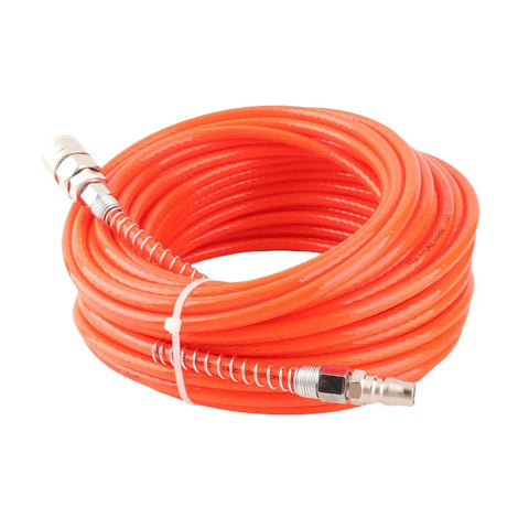 Heavy Duty Air Compressor Hose 20M With One Quarter Inch NPT Connector For Pneumatic Tools Auto Repair Shops Plus Home Garages High Pressure PU Tube 15Bar Handle Tire Inflation Impact Wrench Job Sites Workshop Beast Top Tier Pro Grade Build Red coiled orange PU hose with metal NPT fittings
