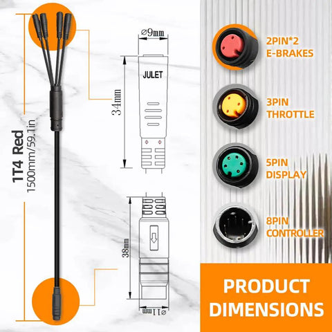 Image of Electric Bike Cable 1 To 5 8 Pin Waterproof Ebike Connector Wire with product dimensions and connector details.