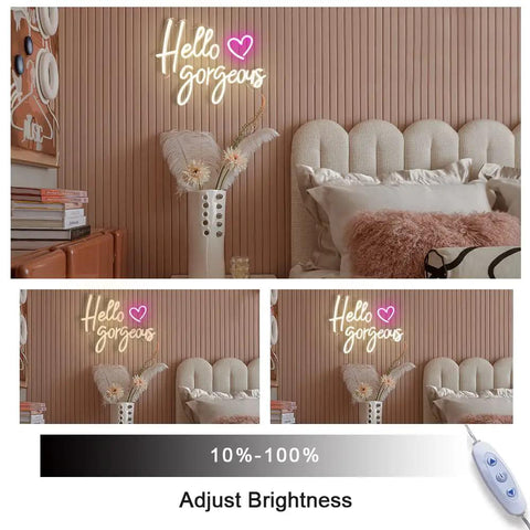Hello Gorgeous Neon Sign For Girls Bedroom Wall Decor LED Light With Warm White Glow Perfect For Birthday Parties Weddings And Gifts 16.7x12.3 Inches Great Gift Idea illuminating a bedroom wall with pink accents.