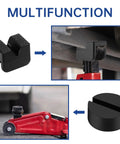 Eight-piece rubber jack stand pad adapters in two shapes for frame rails and pinch welds; shown front and installed.
