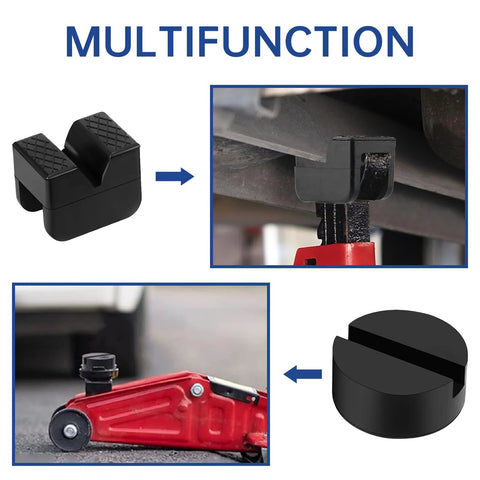 Eight-piece rubber jack stand pad adapters in two shapes for frame rails and pinch welds; shown front and installed.
