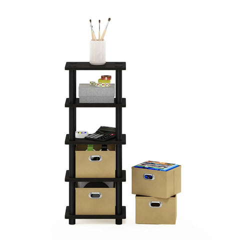 Four Tier Toolless Storage Shelves Espresso Finish With Four Fabric Bins No Sweat Setup Game Changer For Clutter Control Apartment Approved Hallway Bedroom Organizer Straight Up Solid Build