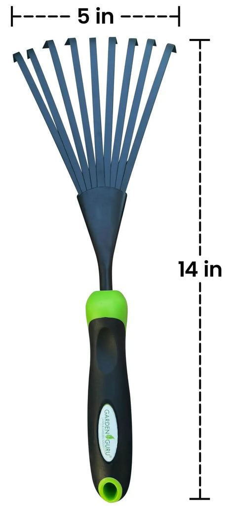 Ergonomic Hand Rake And Soil Tiller Tool With Carbon Steel Tines Rust Resistant displaying 14 inch length and 5 inch width