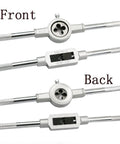 Huge 12 Piece Tap And Die Wrench Set With Heavy Duty Alloy Steel Holders For M3 Through M12 Threads Perfect Metalworking Hand Tools That Are Totally Awesome For Your DIY Projects Or Professional Fabrication Jobs Anywhere., front and back view of alloy steel tap and die wrench holders for M3-M12 threads