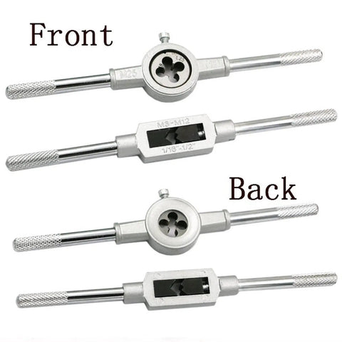 Huge 12 Piece Tap And Die Wrench Set With Heavy Duty Alloy Steel Holders For M3 Through M12 Threads Perfect Metalworking Hand Tools That Are Totally Awesome For Your DIY Projects Or Professional Fabrication Jobs Anywhere., front and back view of alloy steel tap and die wrench holders for M3-M12 threads