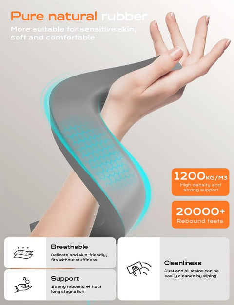 Close-up of a hand holding a flexible piece of gray and teal pure natural rubber with breathable and supportive text overlays.