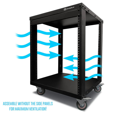 12U AV Equipment Rack With 19-Inch Steel Open Frame For Home Studio showing ventilation with arrows, on 3-Inch Casters.