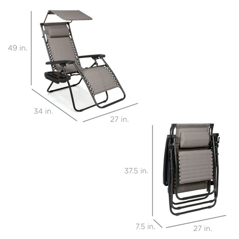 Zero Gravity Outdoor Folding Recliner Lounge Chair With Adjustable Canopy Shade Headrest And Side Tray shown with dimensions