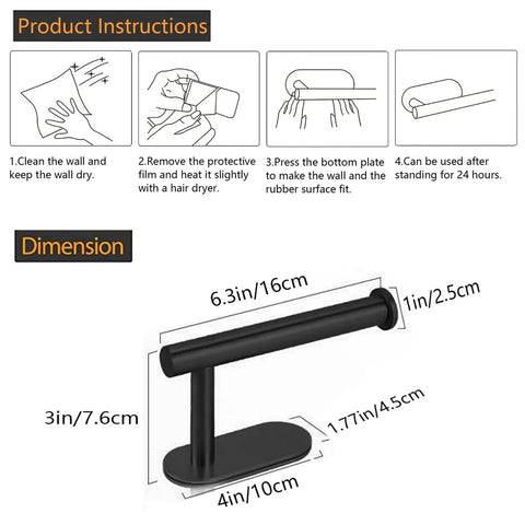 Dimensions and installation instructions for Self Adhesive Toilet Paper Holder Wall Mount Matte Black Stainless Steel SUS 304 No Drilling Rustproof Command Strip