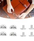 One Hundred Sets Mushroom Rivet Studs Featuring Ten Millimeter Round Heads In Glossy Silver Alloy, shown with leather bag for DIY installation.