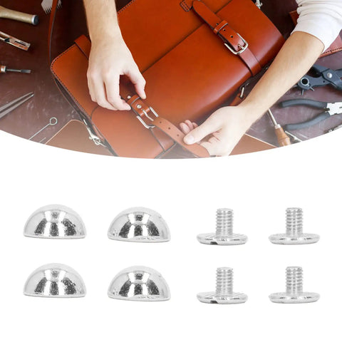 One Hundred Sets Mushroom Rivet Studs Featuring Ten Millimeter Round Heads In Glossy Silver Alloy, shown with leather bag for DIY installation.