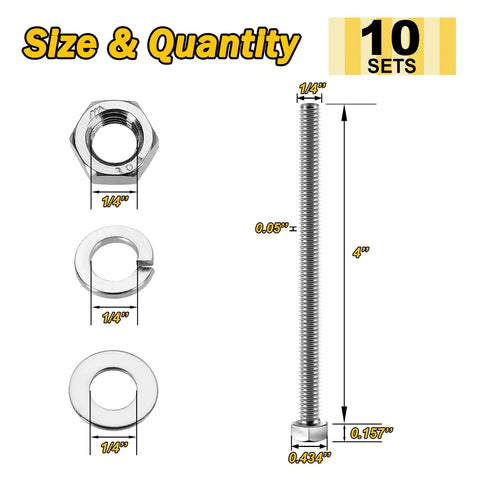 Assorted Quarter Inch By Twenty Hex Head Bolts With Nuts And Washers Set Fully Threaded Four Inch Length 304 Stainless Steel 18 8