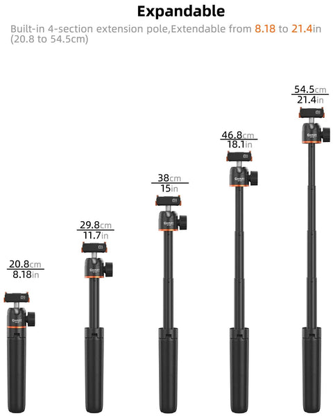 Magnetic Travel Selfie Stick Tripod For DJI Action Cameras, extendable from 8.18 to 21.4 inches in five stages.