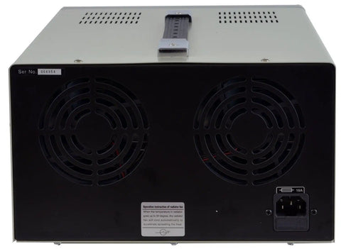 Rear view of Digital Variable Triple Output DC Power Supply 0-30V 0-5A With CV CC Modes showing dual cooling fans and power input.