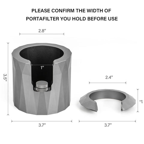 Coffee Portafilter Holder And Espresso Tamper Stand with measurements, fits 51mm-58mm portafilters, durable aluminum alloy base.