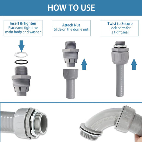 How to use One Half Inch Liquid Tight Non Metallic Electrical Conduit Kit with 25 Ft Flexible Conduit and fittings