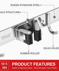 Two Pack Wall Mounted Broom And Mop Holder Set Stainless Steel Stick On Heavy Duty Hooks Storage Organizer with solid holders.