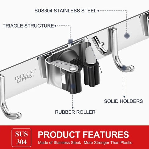 Two Pack Wall Mounted Broom And Mop Holder Set Stainless Steel Stick On Heavy Duty Hooks Storage Organizer with solid holders.