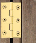 Four Pack Heavy Duty Solid Brass Butt Hinges For Cabinet Doors And Furniture With Rich Gold Finish And No Sweat Mounting Kit, close-up view.