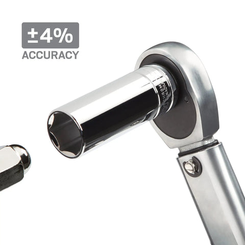 Close-up of Half Inch Drive Micrometer Torque Wrench With 25 To 250 Foot Pound Range, showing reversible ratchet and accuracy.