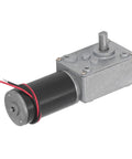 Real Deal DC12V Self Locking Gear Motor Featuring High Torque Metal Gears And Straight Up Single Shaft Speed Reduction, side view.