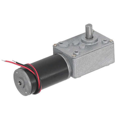 Real Deal DC12V Self Locking Gear Motor Featuring High Torque Metal Gears And Straight Up Single Shaft Speed Reduction, side view.