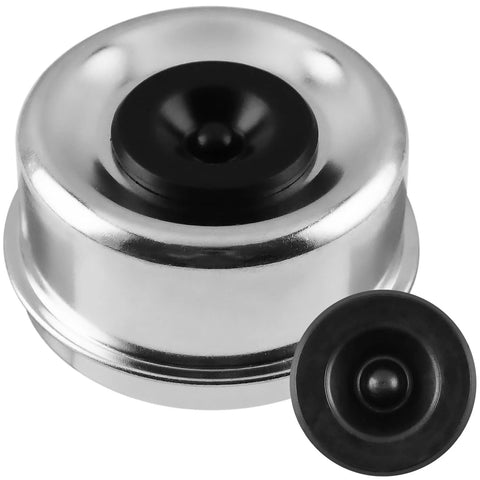 JADODE trailer bearing dust cap, front view, 2.72 in, chrome metal with 8 rubber plugs