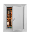 Rock Solid Stainless Steel Access Panel With Reliable Lock For Plumbing And Utility Walls Rust Proof Build showing open door revealing plumbing.