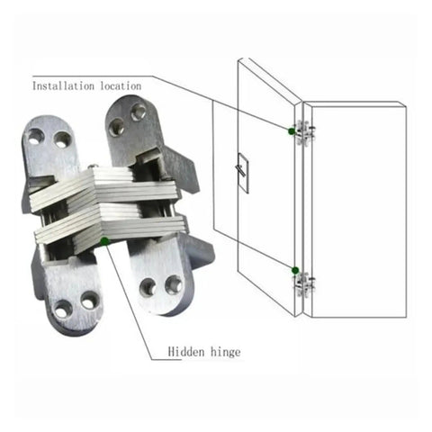 Rotating Concealed Cabinet Hinges Set 2 Pieces 12x43mm Hidden Hinge With Silent Close shown with installation diagram